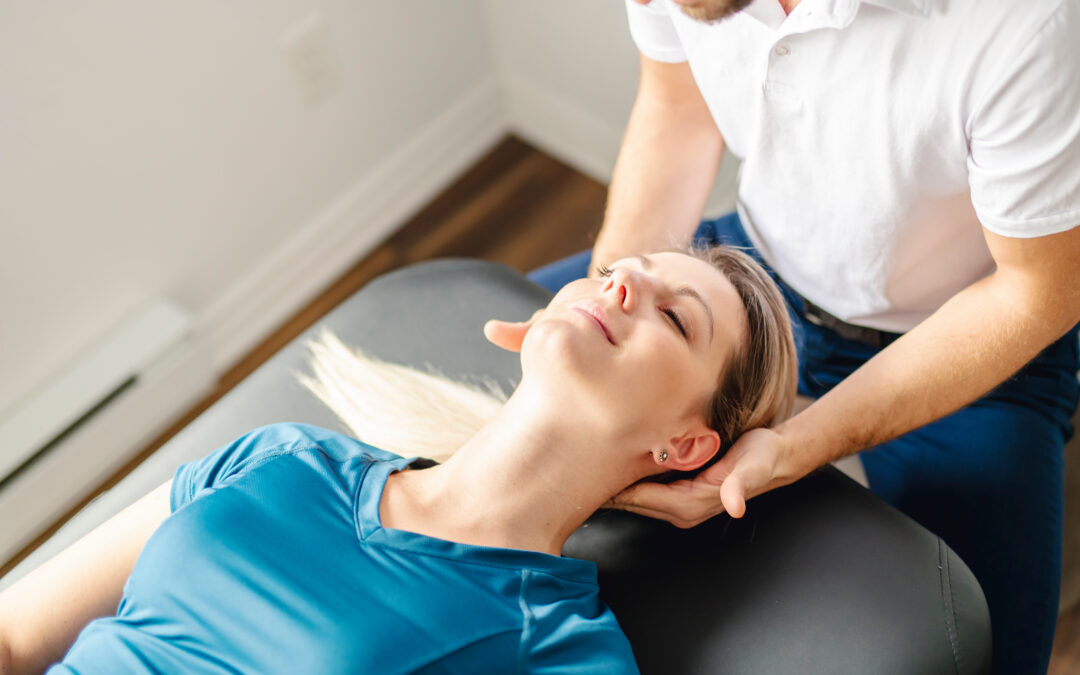 Calm woman receiving chiropractic care on head.